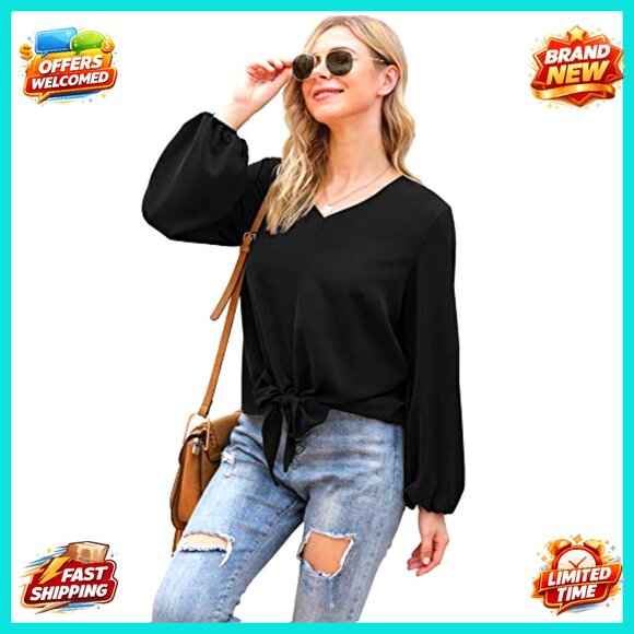 Floral Chiffon Blouse Lantern Sleeve Tie Front Loose Fit V Neck Elegant Top - Picture 2 of 7